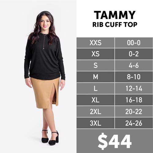 Tammy Rib Cuff Top Size Chart